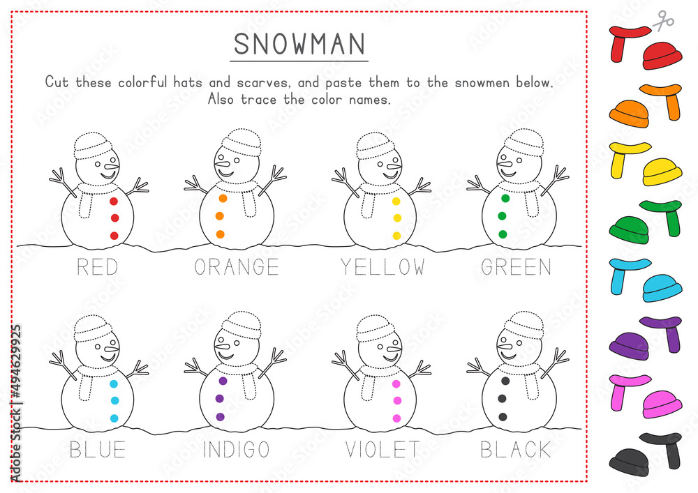 Children Learning Printable - Match, Cut, and Paste Snowmen Hats and Scarves