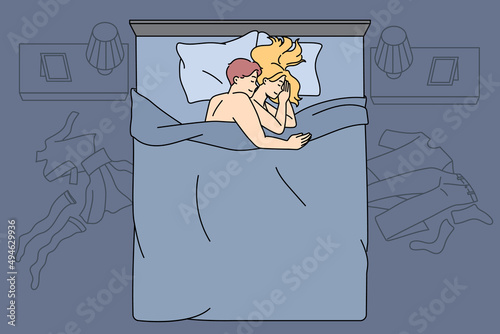 Happy young couple cuddle embrace in bed after sex. Happy man and woman hug relax in bedroom after love making. Sexual intimate life, relationships concept. Flat vector illustration. 
