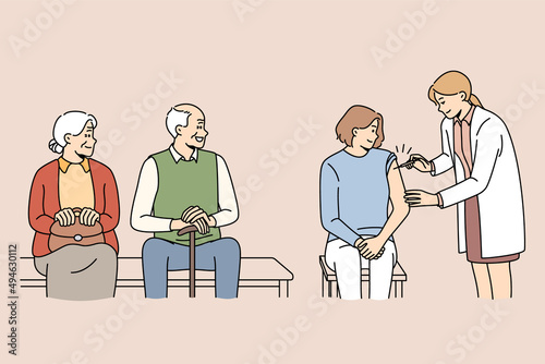 Female doctor give vaccine against covid-19 to patient in clinic. People of different ages come to vaccination from corona virus. Immunization to protect from coronavirus. Vector illustration. 