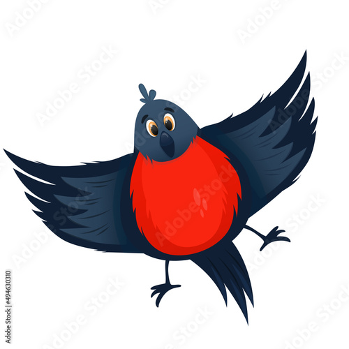 Red bullfinch cartoon bird isolated. Bright winter bullfinches in flight. Winter bird character. Cartoon vector illustration.