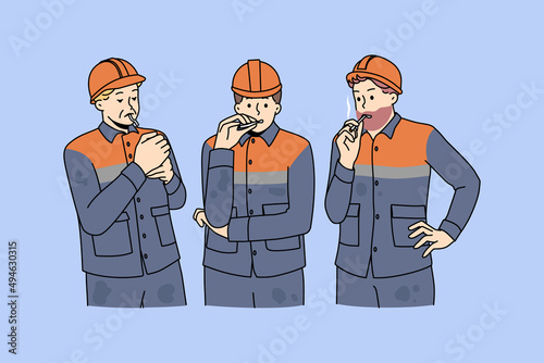 Male workers in uniforms smoking cigarette outdoors. Men builders at work have job break at construction site at special smoke place. Bad habit. Vector illustration, cartoon character. 