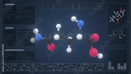 Molecule of glutamine with infographics on the computer monitor, loopable 3d animation photo
