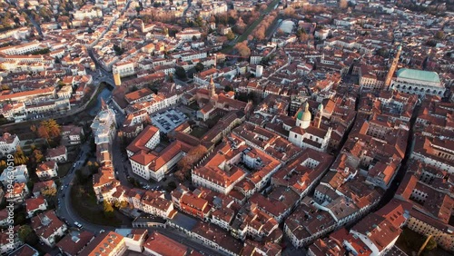 Aerial forward view of city of Vicenza. Veneto region, Italy. Real time photo