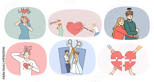 Set of couples suffer from relationships problems. Collection of men and women struggle with relations troubles, think of breakup or divorce. Marriage dissolution. Vector illustration. 