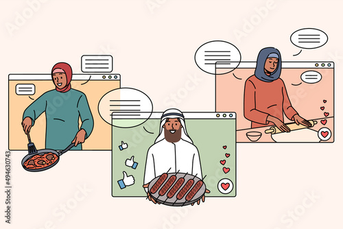 Set of diverse Arabic food bloggers on screen cooking tasty dishes on internet. Collection of arab influencers prepare traditional national meal, have class on web. Flat vector illustration. 