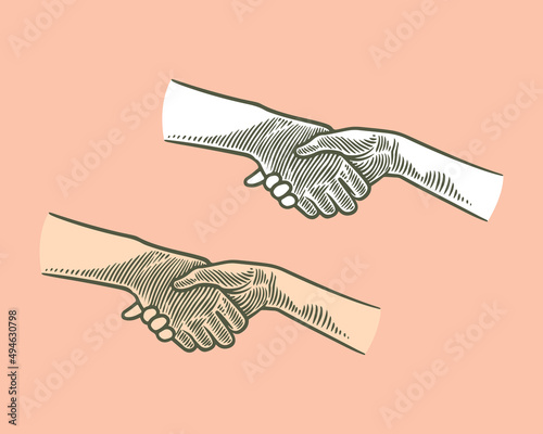hand drawing engraving hand big holding child hand isolated on pink background.