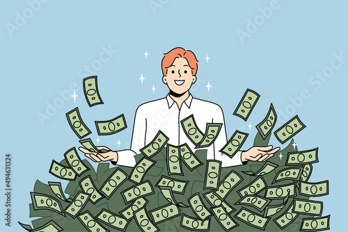 Overjoyed young businessman in stack of dollar banknotes celebrate financial success or investment. Happy man millionaire excited with money pile win lottery. Wealth and stability. Vector.  photo