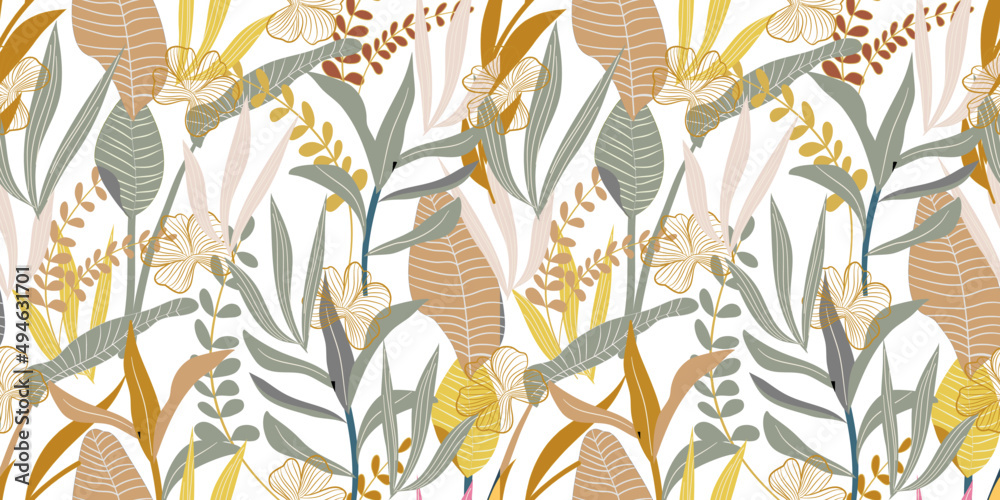 Ilustrated Foliage With flood of color Seamless Pattern. Trendy Pattern for fabric, wallpaper, print and much more. 