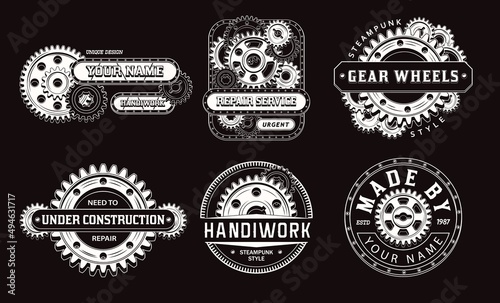 Set of monochrome vintage label with gear wheels, metal rails, rivets, text. White emblems in steampunk style on black background. Good for craft design.