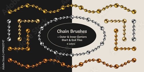 Ball chain pattern brushes with corners, end and start tiles in vintage style. Gold, silver, bronze, brass and black options. Isolated on white and black background.