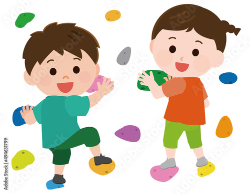ボルダリングをする男の子と女の子 イラスト