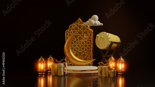 Ramadan luxury decoration background with crescent moon drums arabic lanterns display podium 3d rendering