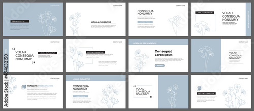 Presentation and slide layout background. Design blue pastel leaves and flower template. Use for keynote, presentation, slide, leaflet, advertising, template.
