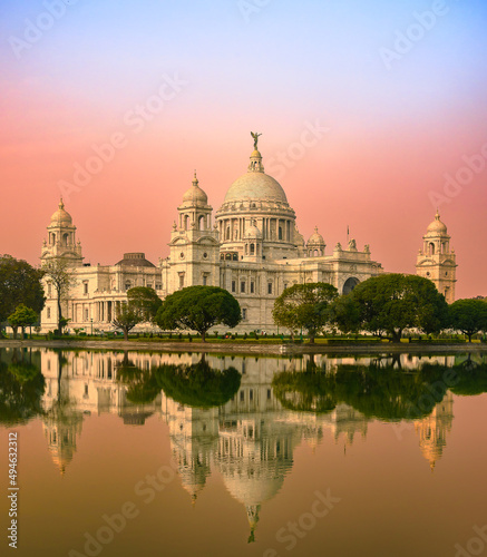 View of a large marble building in Central Kolkata, Named as The Victoria Memorial ,a which was built between 1906 and 1921. Foreground is Blurred and Selective Focus is used.