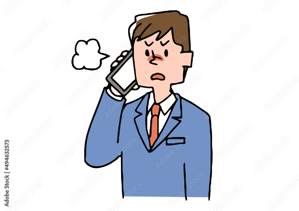 スマートフォンで電話をするビジネスマン（怒り）　コミカルな手書きの人物　ベクター、線画にカラー