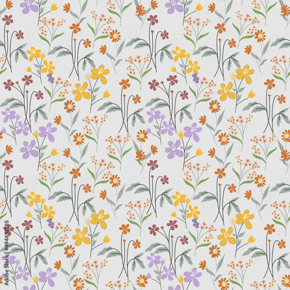 Blooming meadow seamless pattern. Spring summer collection. Trendy color for fashion. wallpapers, and print. A lot of flowers.  Ditsy style. 