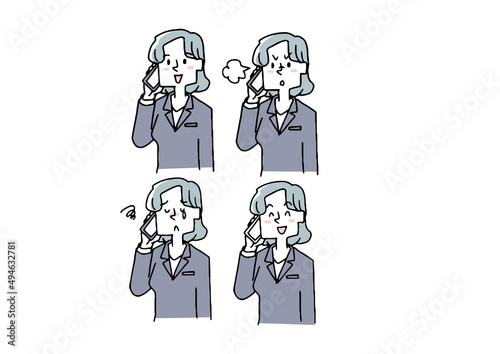 スマートフォンで電話をするビジネスウーマン（セット）　コミカルな手書きの人物　ベクター、線画にカラー