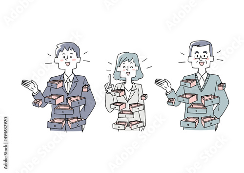 引き出しの多い人々のセット　コミカルな手書きの人物　ベクター、線画にカラー