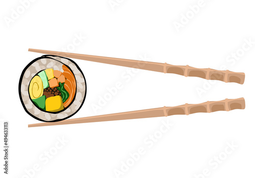 Isolated Korean kimbap on white background. Wooden chopsticks holding a kimbap. Rice, meat, Kim chi and vegetables roll with seaweed. Authentic Asian food, Korean street food, a slice of rice roll.  photo