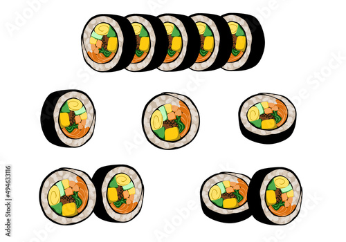 Korean kimbap. Isolated kimbap or gimbal in different view on white background. Rice, meat, Kim chi and vegetables roll with seaweed. Authentic Asian food, Korean street food, a slice of rice roll. 