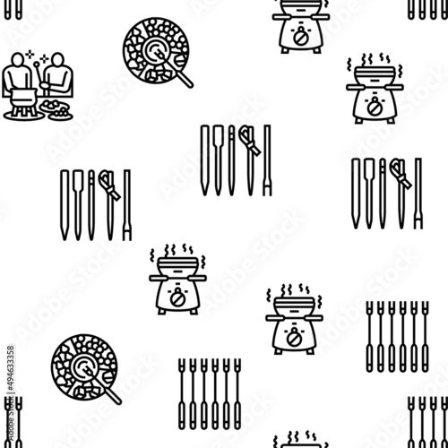 Fondue Cooking Delicious Meal Vector Seamless Pattern Thin Line Illustration