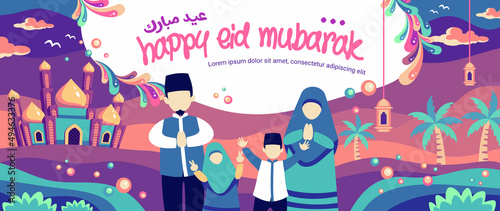 Full Color Happy Family Illustration Happy Eid Mubarak Banner Template