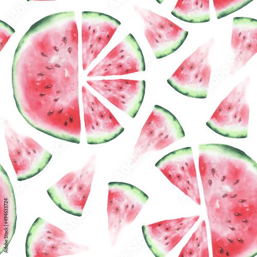 Watercolor seamless with slices of watermelon on white background
