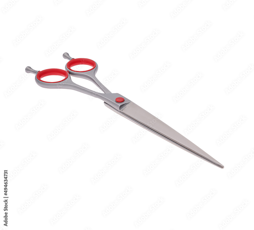 Obraz premium Scissors for cutting people and pets. Grooming scissors. Closed scissors on a white isolated background. Angle view.