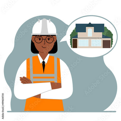 The constructor is thinking about building a house. A smiling woman in a hardhat and a vest is planning a work process. Engineer, house construction concept.