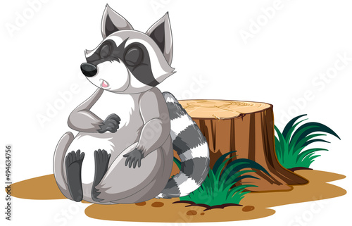 Cute cartoon raccoon sleeping with stump on white background