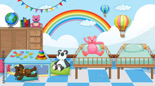 Empty kindergarten classroom interior with many kid toys