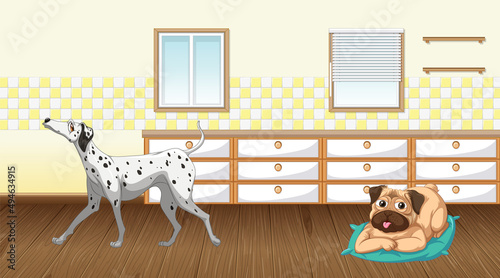 Set of different domestic animals in kitchen