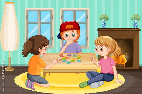 Happy kids playing jigsaw at home