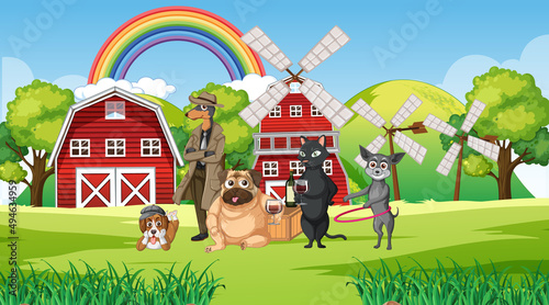 Set of different domestic animals in farm