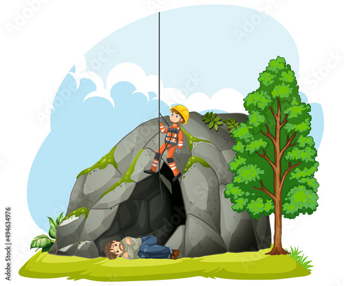 Emergency rescue team help people cartoon style in forest
