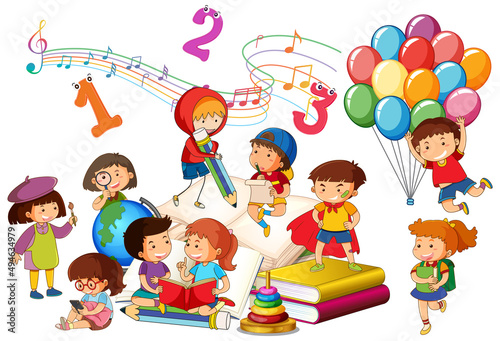A children are reading books on a stack of books