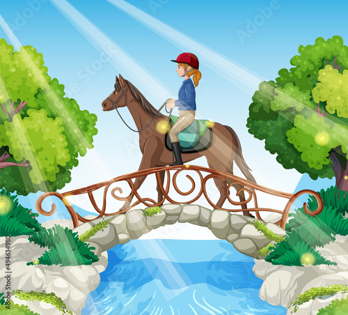 A scene of girl riding on a horse