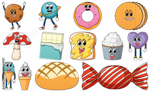 Set of facial expression with vintage style food cartoon on white background