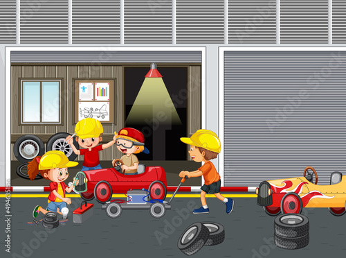 Children repairing a car together in the garage