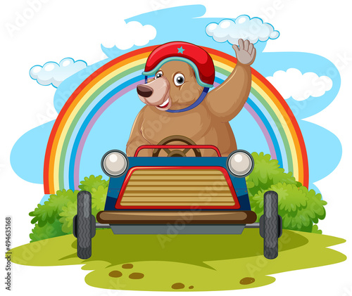 Grizzly bear driving a toy car