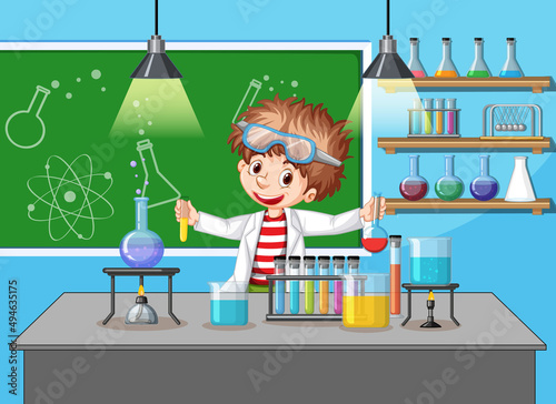 Scientist boy in laboratory room background