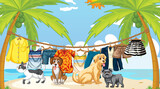 Set of different domestic animals on the beach scene