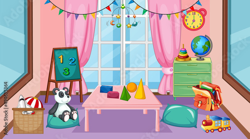 Empty kindergarten classroom interior with many kid toys