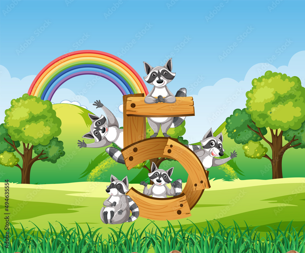 Naklejka premium Five raccoons attached to number five