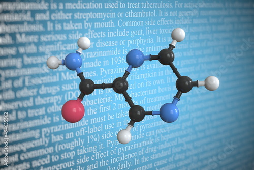 Molecular model of pyrazinamide, 3D rendering photo