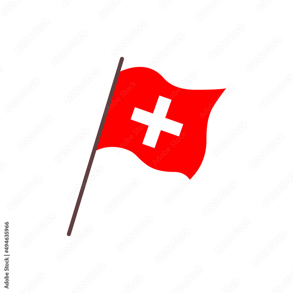 Waving flag of Switzerland country. Isolated swiss red flag with white cross. Vector flat illustration