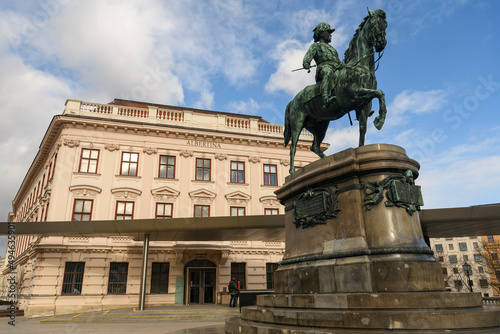 Erzherzog Albrecht equestrian monument near famous Albertina museum palace in Vienna, Austria. January 2022