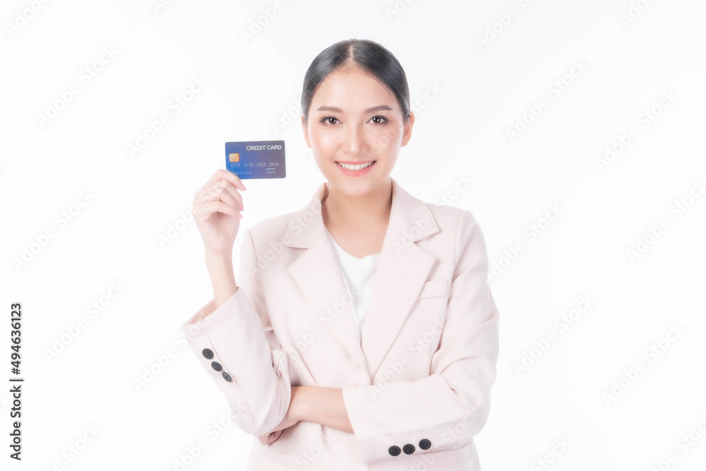 Business Asian woman showing credit card for payment shopping online , paying by credit card online shopping e-commerce telemarketing concept Business Asian woman showing credit card for payment shopping online , paying by credit card online shopping e-commerce telemarketing concept