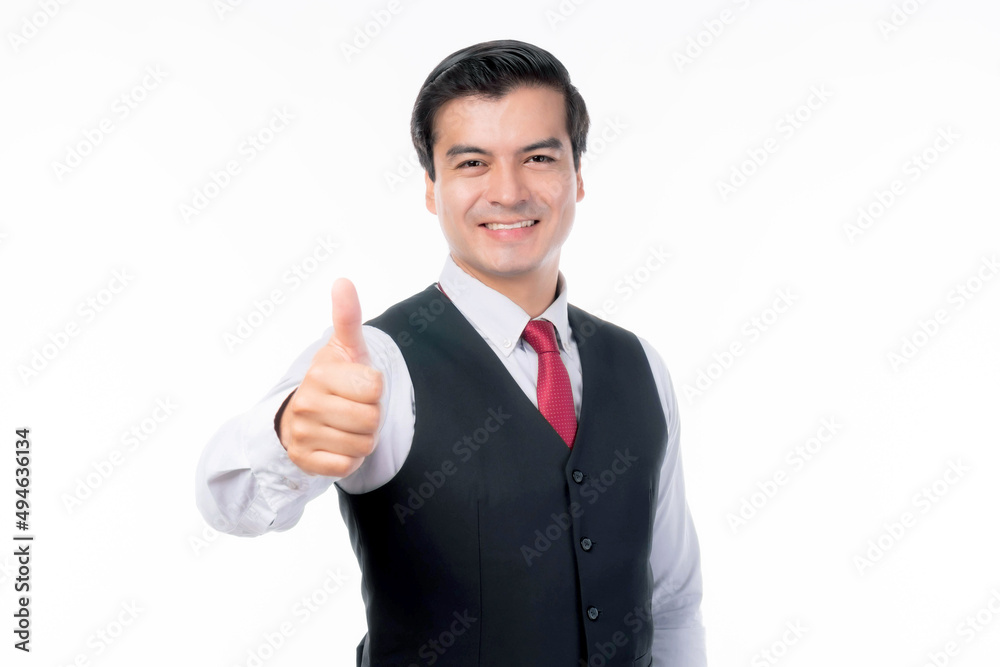 Portrait working Asian business handsome man ware suit giving a thumb up feel happy isolated on white background with copy space - business concept Portrait working Asian business handsome man ware suit giving a thumb up feel happy isolated on white background with copy space - business concept
