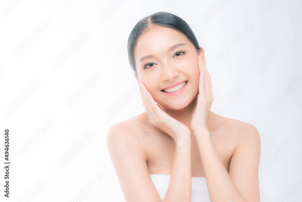 Beautiful young Asian woman smile with clean skin , Fresh skin , on white background - Facial treatment , Cosmetology , beauty and spa concept Beautiful young Asian woman smile with clean skin , Fresh skin , on white background - Facial treatment , Cosmetology , beauty and spa concept